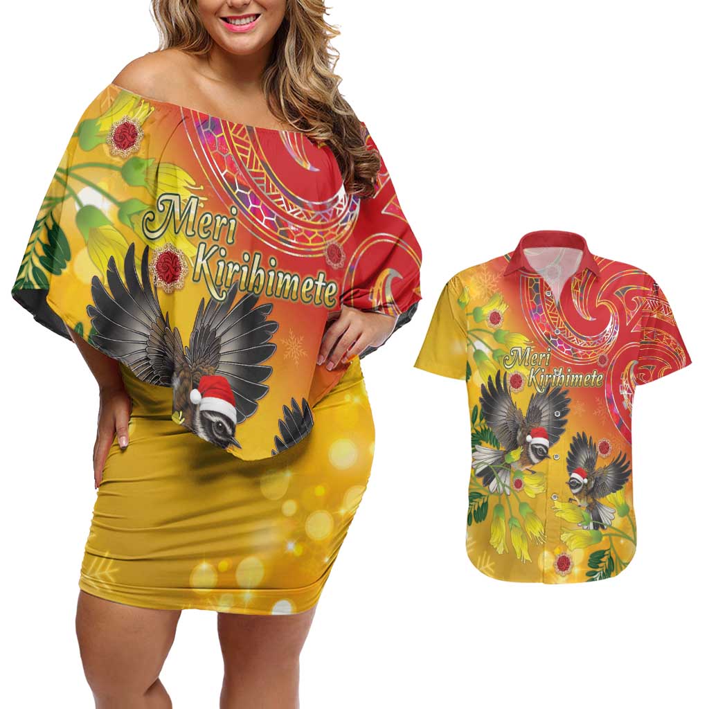 New Zealand Piwakawaka Christmas Couples Matching Off Shoulder Short Dress and Hawaiian Shirt With Maori Pattern LT05 Yellow - Polynesian Pride