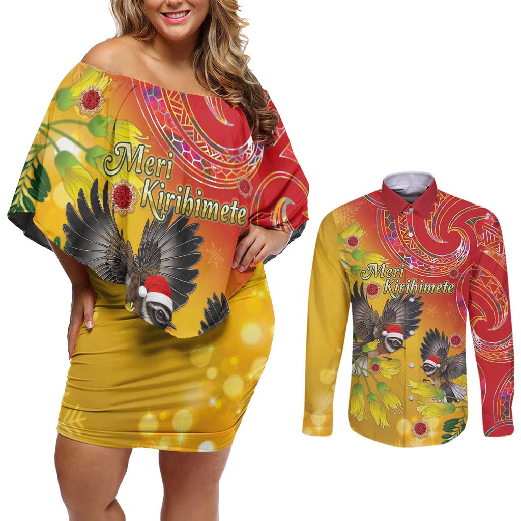 New Zealand Piwakawaka Christmas Couples Matching Off Shoulder Short Dress and Long Sleeve Button Shirt With Maori Pattern LT05 Yellow - Polynesian Pride