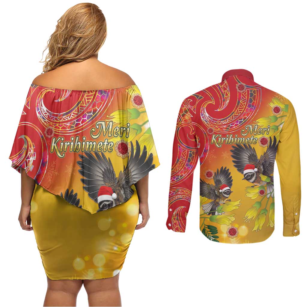 New Zealand Piwakawaka Christmas Couples Matching Off Shoulder Short Dress and Long Sleeve Button Shirt With Maori Pattern LT05 - Polynesian Pride