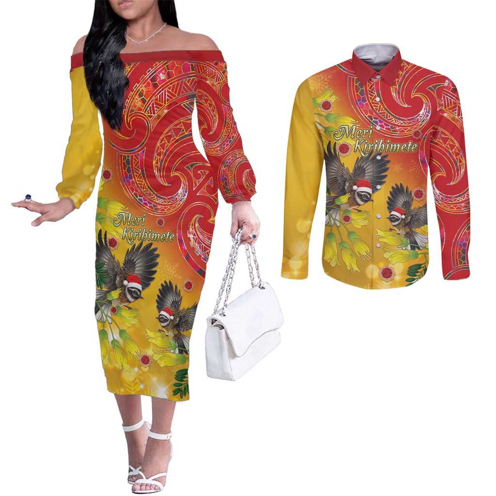 New Zealand Piwakawaka Christmas Couples Matching Off The Shoulder Long Sleeve Dress and Long Sleeve Button Shirt With Maori Pattern LT05 Yellow - Polynesian Pride
