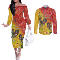 New Zealand Piwakawaka Christmas Couples Matching Off The Shoulder Long Sleeve Dress and Long Sleeve Button Shirt With Maori Pattern LT05 Yellow - Polynesian Pride