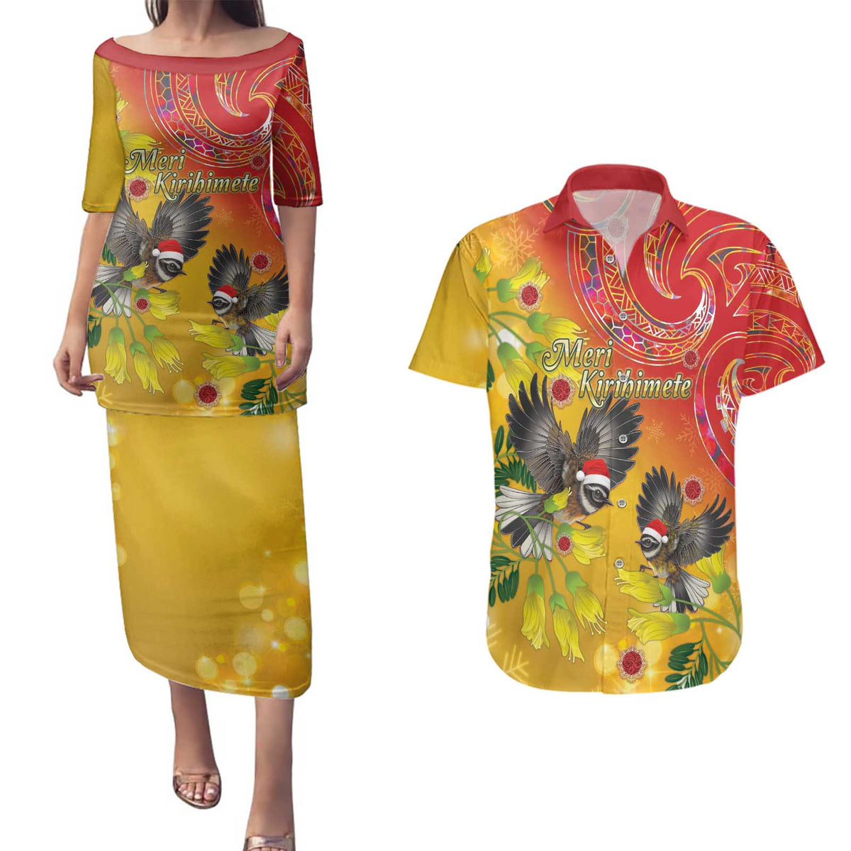 New Zealand Piwakawaka Christmas Couples Matching Puletasi and Hawaiian Shirt With Maori Pattern LT05 Yellow - Polynesian Pride