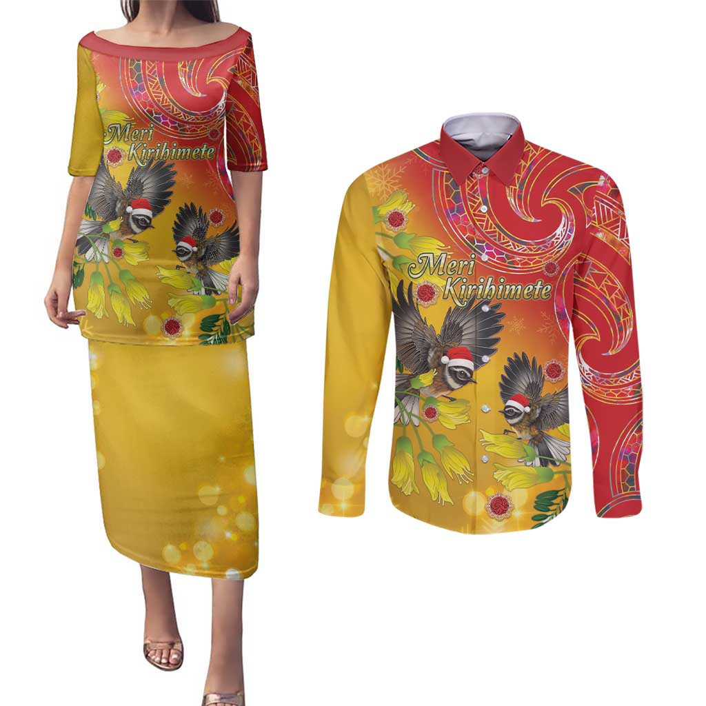New Zealand Piwakawaka Christmas Couples Matching Puletasi and Long Sleeve Button Shirt With Maori Pattern LT05 Yellow - Polynesian Pride