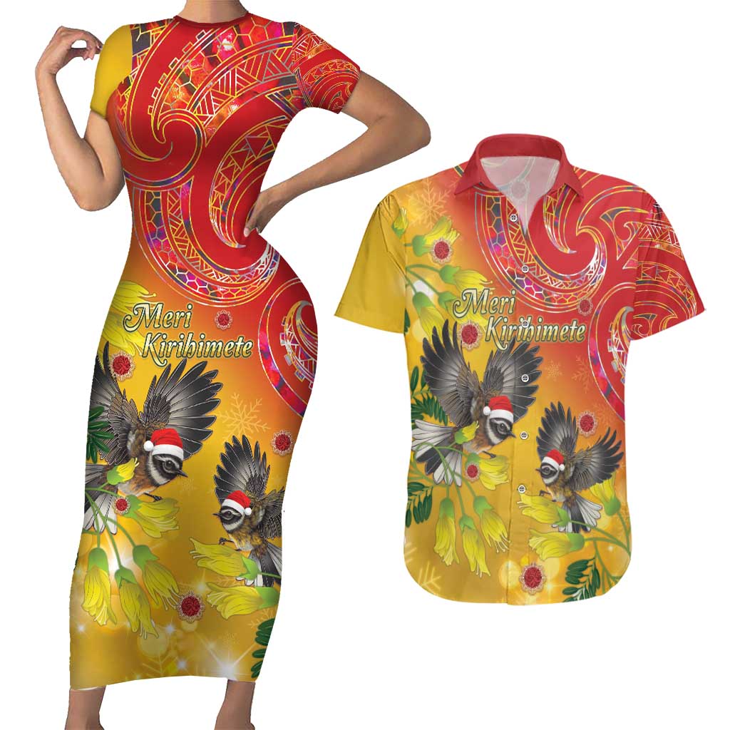 New Zealand Piwakawaka Christmas Couples Matching Short Sleeve Bodycon Dress and Hawaiian Shirt With Maori Pattern LT05 Yellow - Polynesian Pride