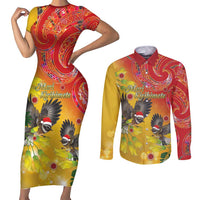 New Zealand Piwakawaka Christmas Couples Matching Short Sleeve Bodycon Dress and Long Sleeve Button Shirt With Maori Pattern LT05 Yellow - Polynesian Pride
