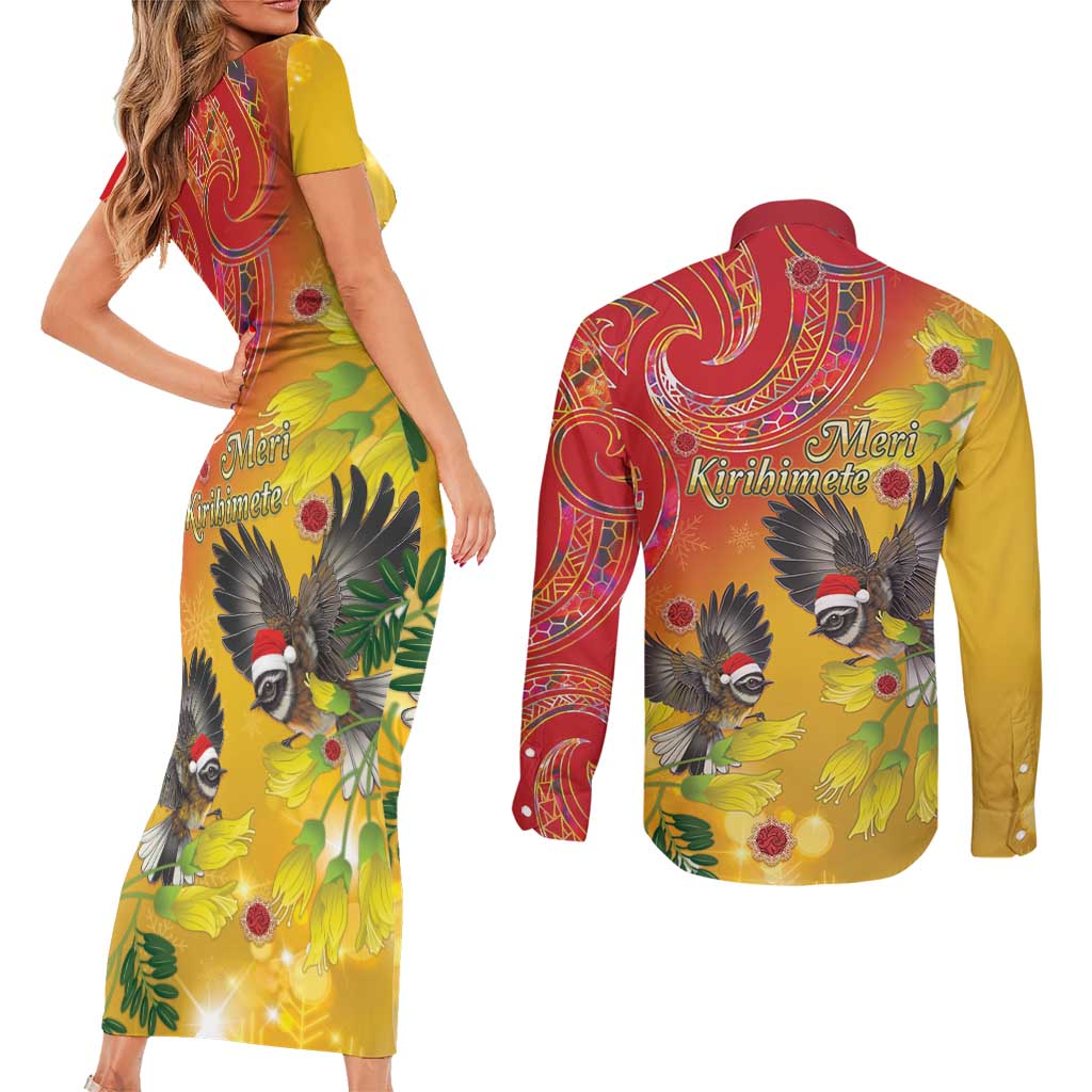 New Zealand Piwakawaka Christmas Couples Matching Short Sleeve Bodycon Dress and Long Sleeve Button Shirt With Maori Pattern LT05 - Polynesian Pride