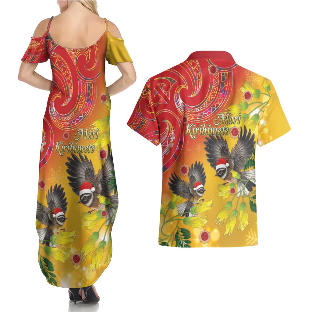 New Zealand Piwakawaka Christmas Couples Matching Summer Maxi Dress and Hawaiian Shirt With Maori Pattern LT05 - Polynesian Pride
