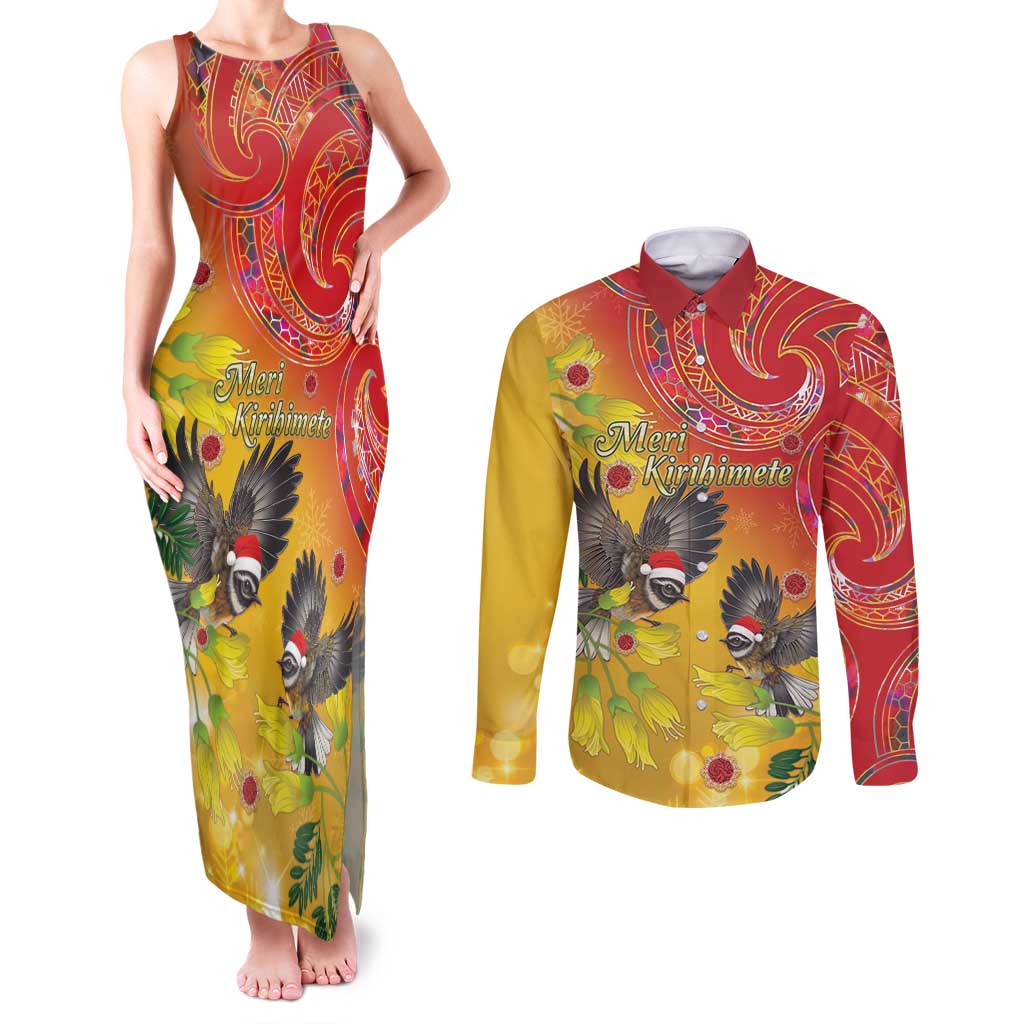 New Zealand Piwakawaka Christmas Couples Matching Tank Maxi Dress and Long Sleeve Button Shirt With Maori Pattern LT05 Yellow - Polynesian Pride