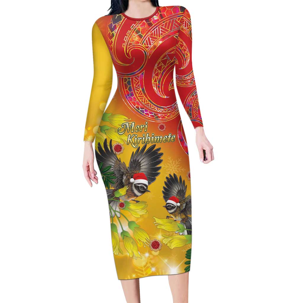 New Zealand Piwakawaka Christmas Family Matching Long Sleeve Bodycon Dress and Hawaiian Shirt With Maori Pattern LT05 Mom's Dress Yellow - Polynesian Pride