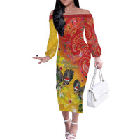 New Zealand Piwakawaka Christmas Family Matching Off The Shoulder Long Sleeve Dress and Hawaiian Shirt With Maori Pattern LT05 Mom's Dress Yellow - Polynesian Pride