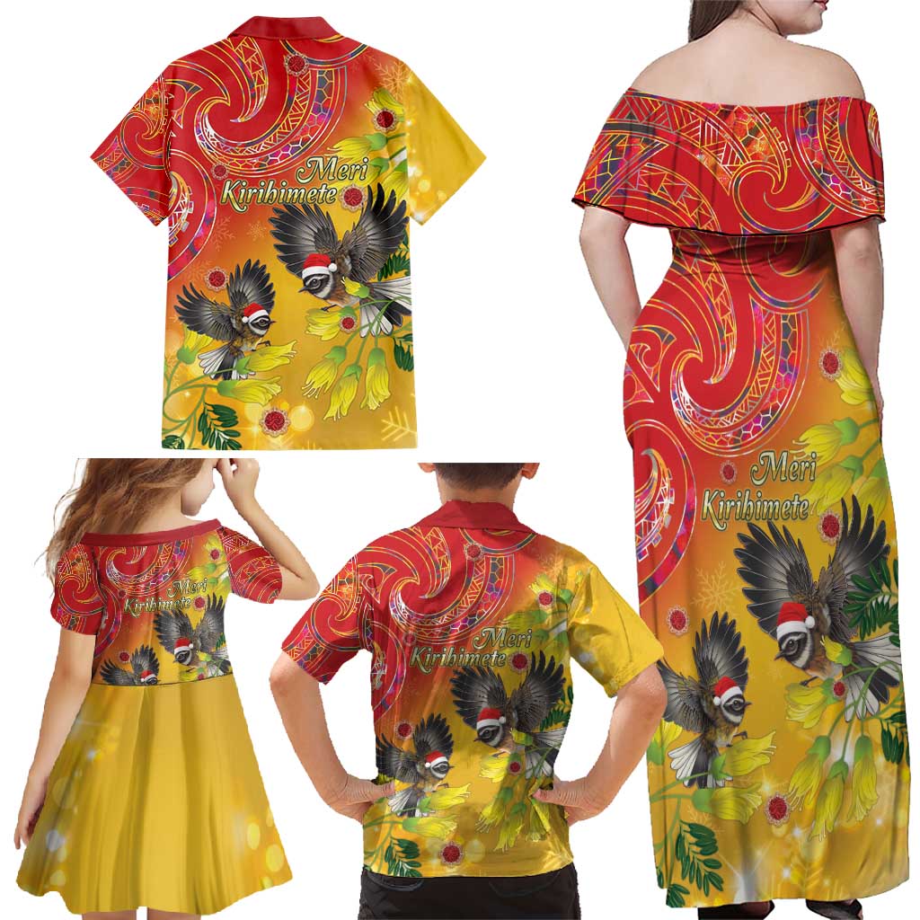 New Zealand Piwakawaka Christmas Family Matching Off Shoulder Maxi Dress and Hawaiian Shirt With Maori Pattern LT05 - Polynesian Pride