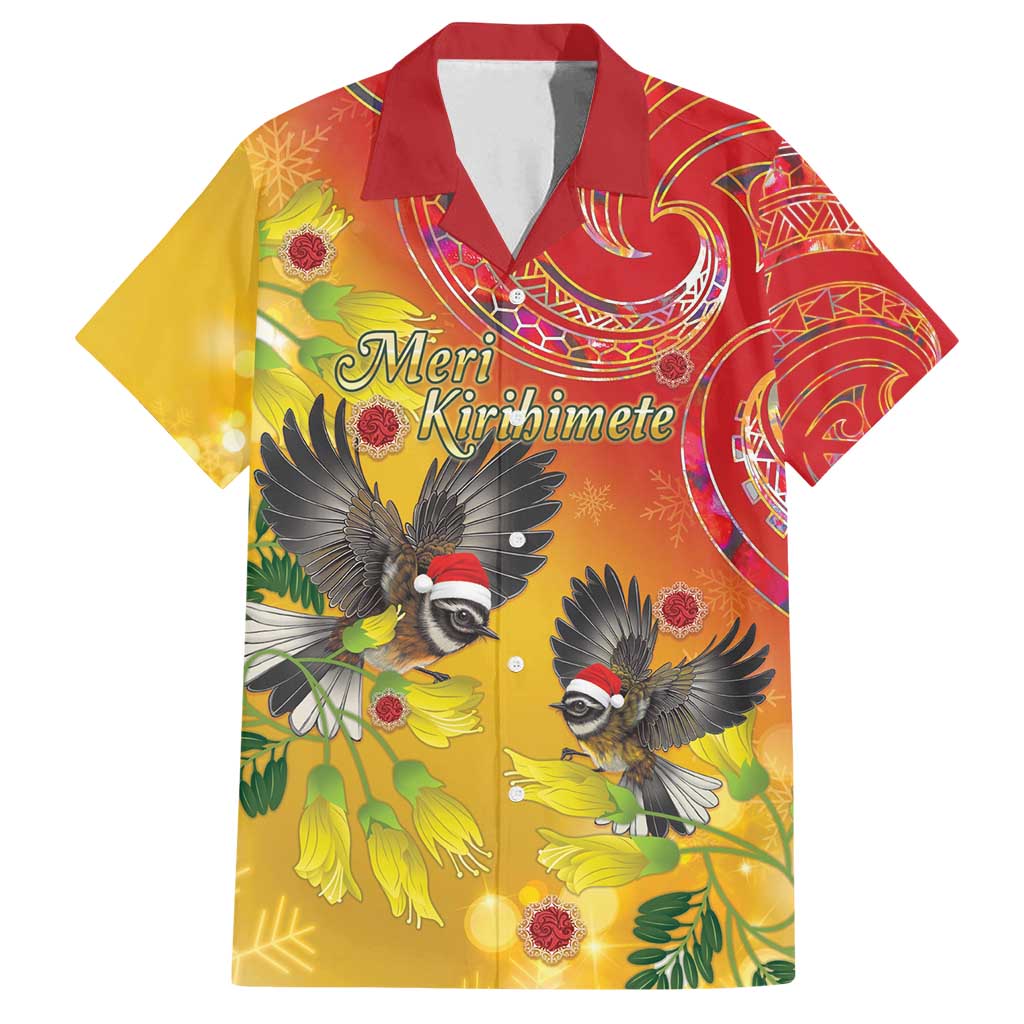 New Zealand Piwakawaka Christmas Family Matching Off Shoulder Short Dress and Hawaiian Shirt With Maori Pattern LT05 Dad's Shirt - Short Sleeve Yellow - Polynesian Pride