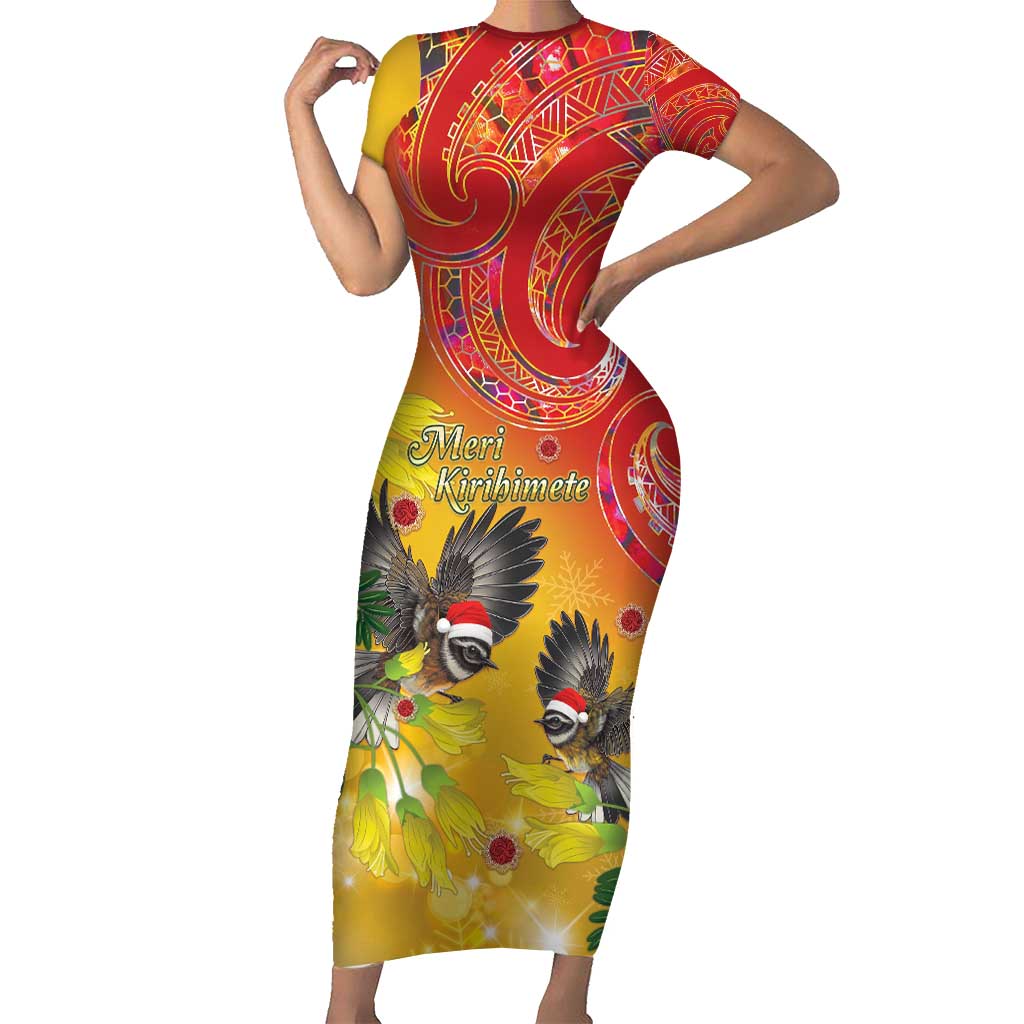 New Zealand Piwakawaka Christmas Family Matching Short Sleeve Bodycon Dress and Hawaiian Shirt With Maori Pattern LT05 Mom's Dress Yellow - Polynesian Pride