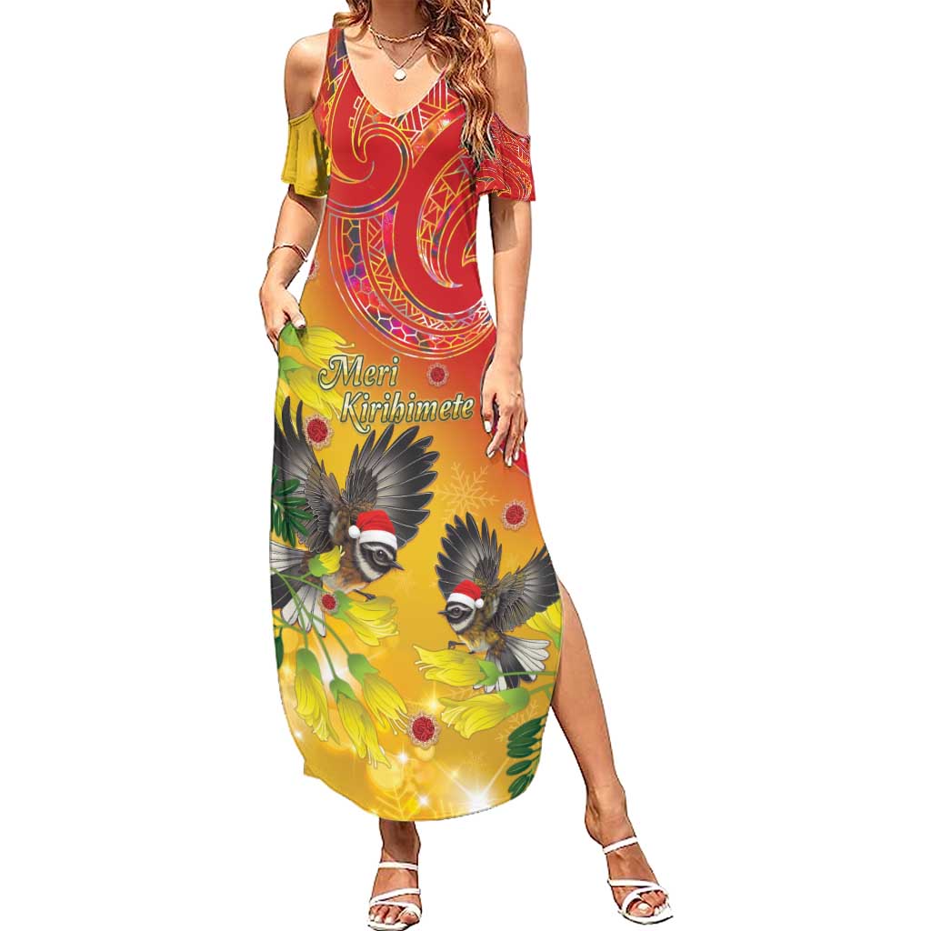 New Zealand Piwakawaka Christmas Family Matching Summer Maxi Dress and Hawaiian Shirt With Maori Pattern LT05 Mom's Dress Yellow - Polynesian Pride