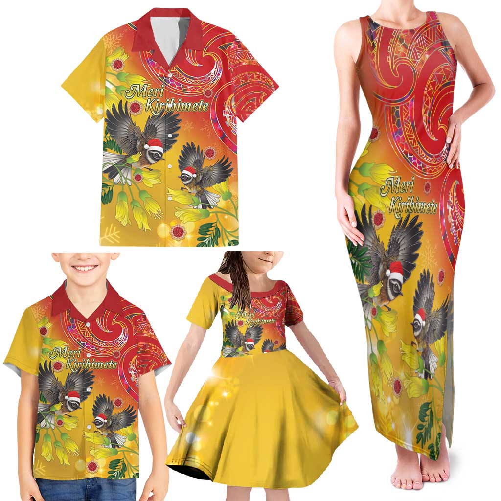 New Zealand Piwakawaka Christmas Family Matching Tank Maxi Dress and Hawaiian Shirt With Maori Pattern LT05 - Polynesian Pride