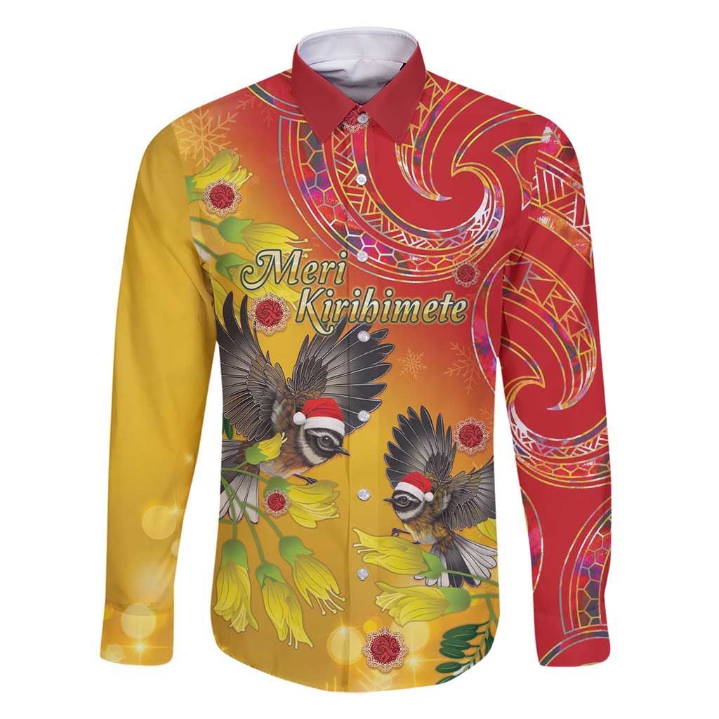 New Zealand Piwakawaka Christmas Family Matching Tank Maxi Dress and Hawaiian Shirt With Maori Pattern LT05 Dad's Shirt - Long Sleeve Yellow - Polynesian Pride