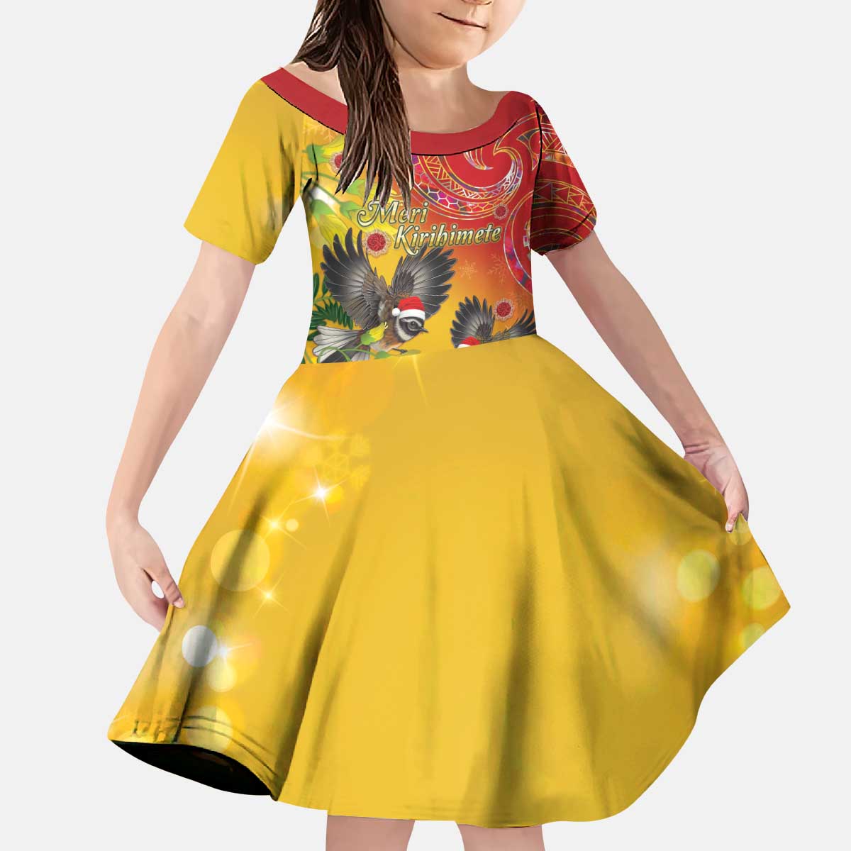 New Zealand Piwakawaka Christmas Kid Short Sleeve Dress With Maori Pattern LT05 KID Yellow - Polynesian Pride