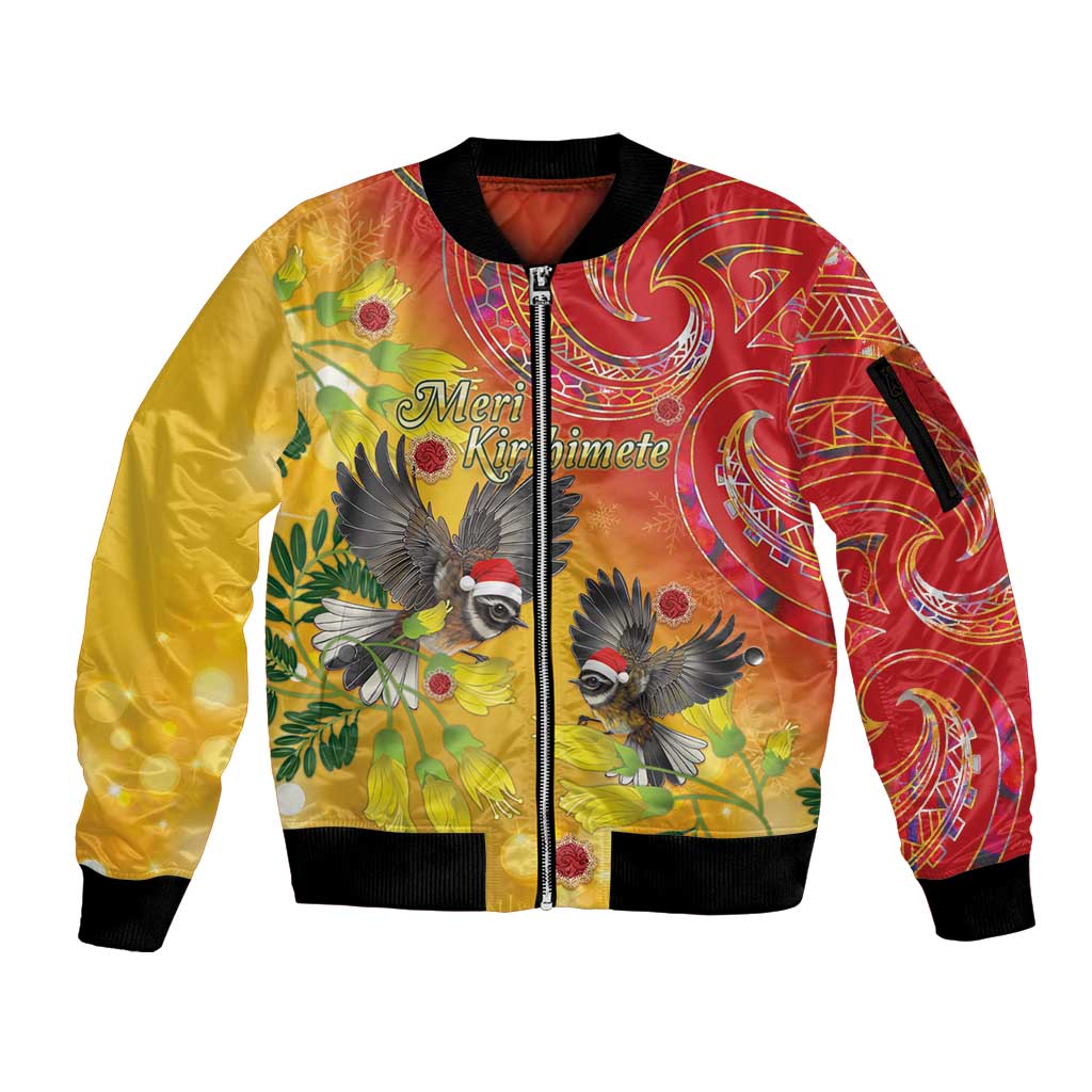 New Zealand Piwakawaka Christmas Sleeve Zip Bomber Jacket With Maori Pattern LT05 Unisex Yellow - Polynesian Pride