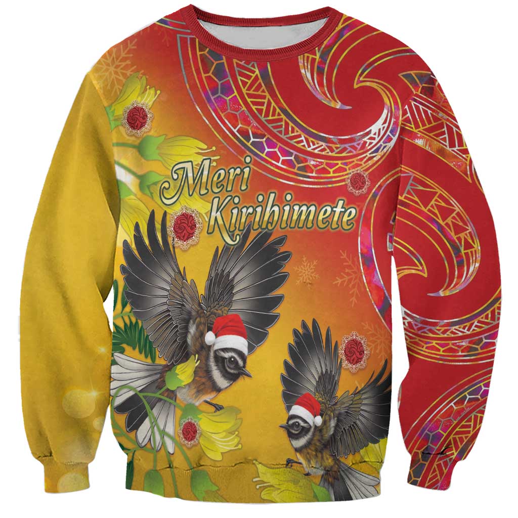 New Zealand Piwakawaka Christmas Sweatshirt With Maori Pattern LT05 Unisex Yellow - Polynesian Pride