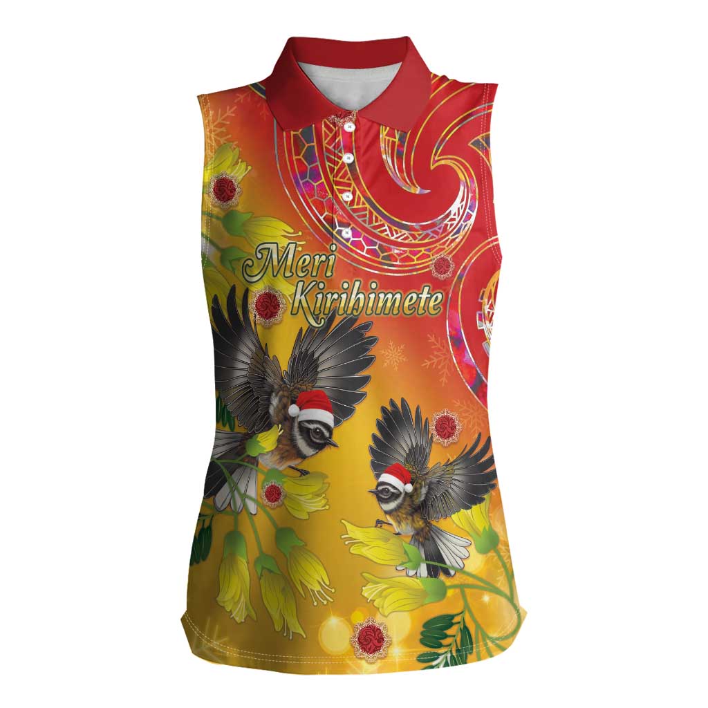 New Zealand Piwakawaka Christmas Women Sleeveless Polo Shirt With Maori Pattern LT05 Female Yellow - Polynesian Pride