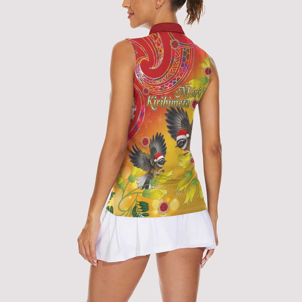 New Zealand Piwakawaka Christmas Women Sleeveless Polo Shirt With Maori Pattern LT05 - Polynesian Pride
