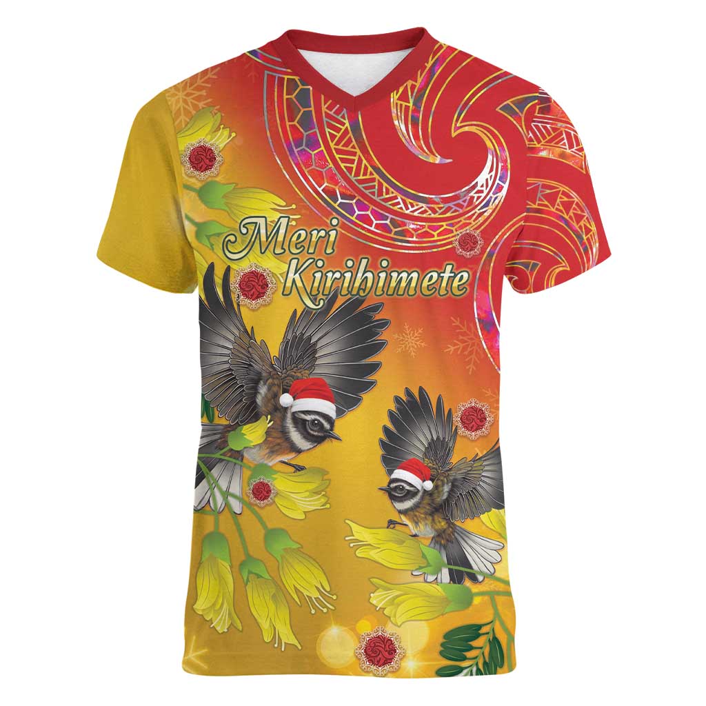 New Zealand Piwakawaka Christmas Women V-Neck T-Shirt With Maori Pattern LT05 Female Yellow - Polynesian Pride