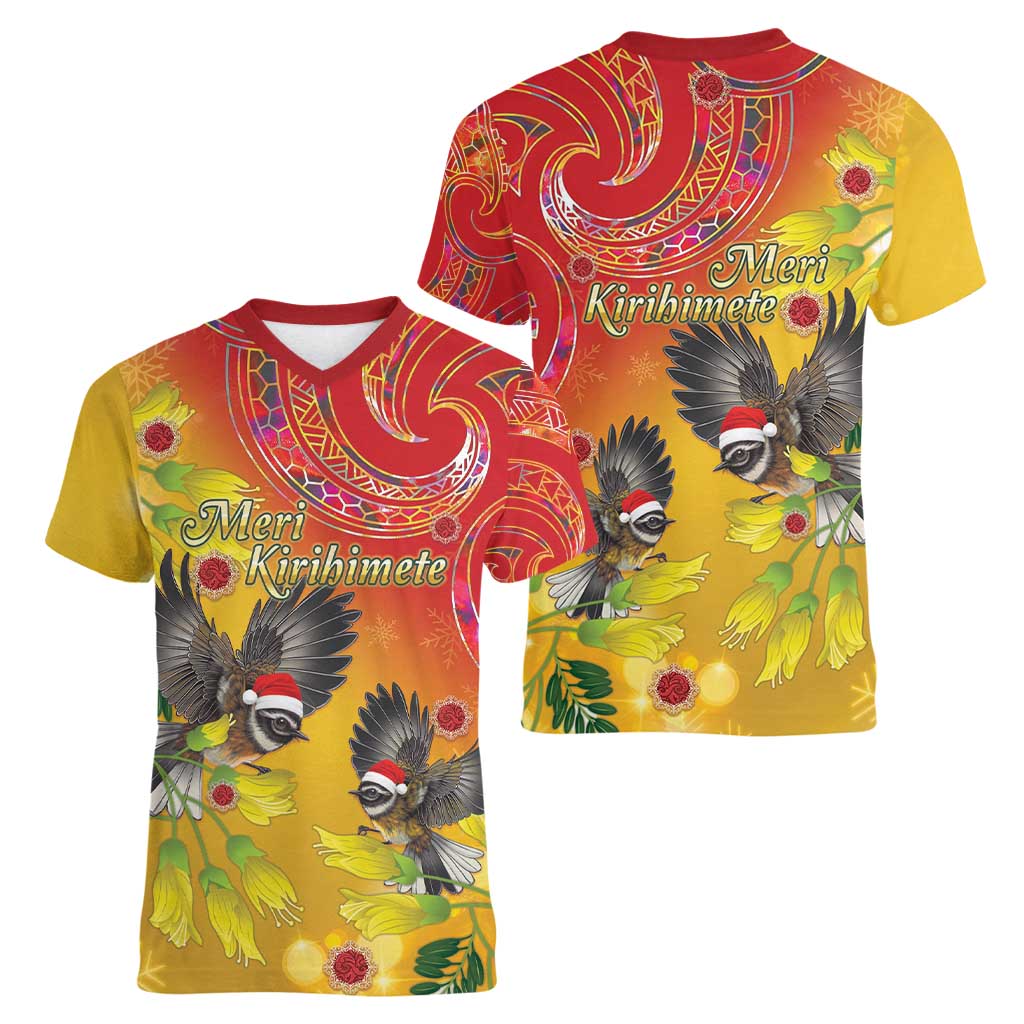 New Zealand Piwakawaka Christmas Women V-Neck T-Shirt With Maori Pattern LT05 - Polynesian Pride