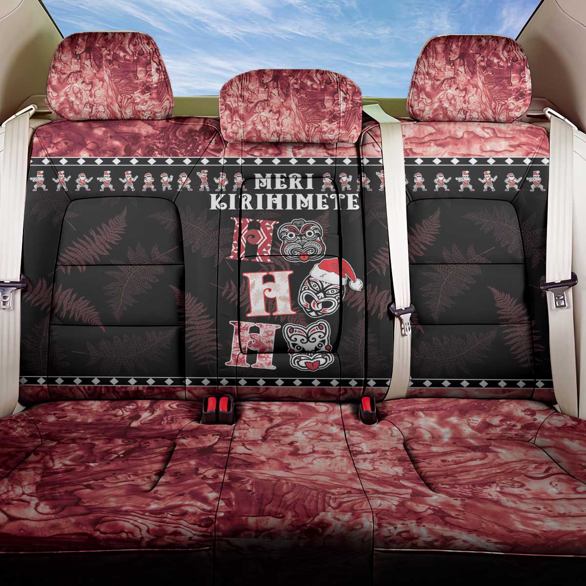 New Zealand Tiki Christmas Back Car Seat Cover Ho Ho Ho Paua Shell Glitter Red LT05 One Size Black - Polynesian Pride