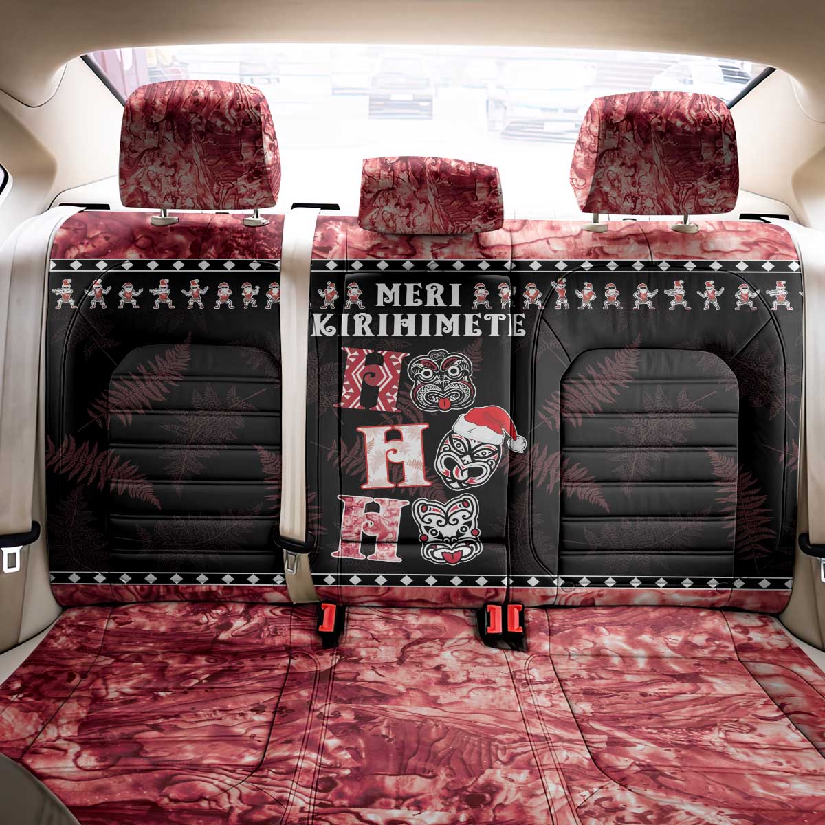 New Zealand Tiki Christmas Back Car Seat Cover Ho Ho Ho Paua Shell Glitter Red LT05 - Polynesian Pride