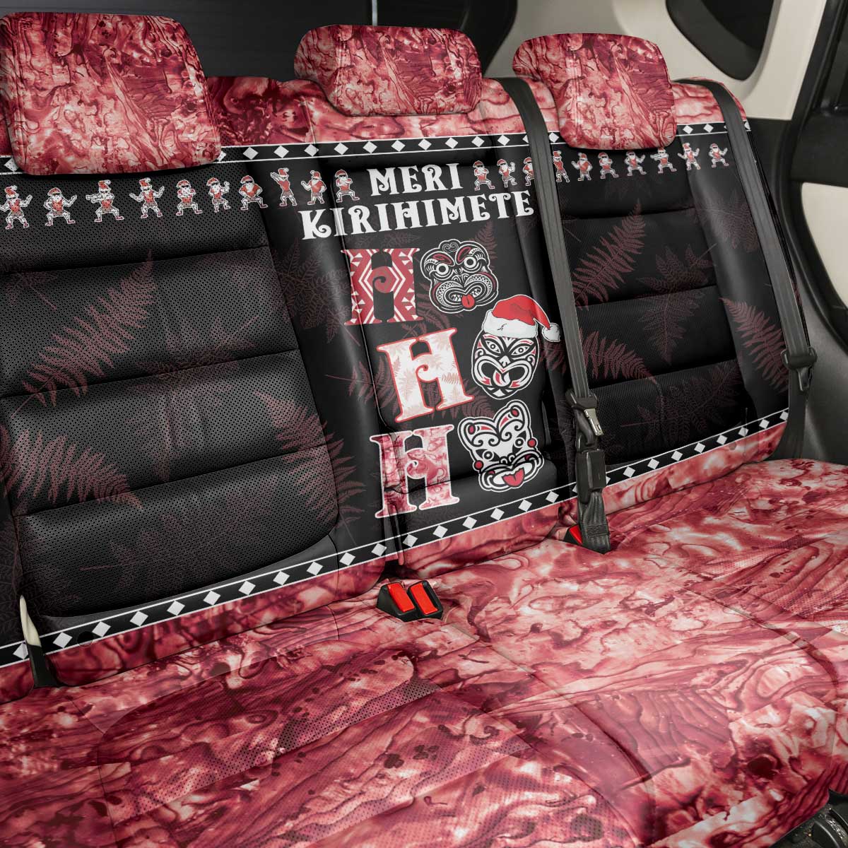 New Zealand Tiki Christmas Back Car Seat Cover Ho Ho Ho Paua Shell Glitter Red LT05 - Polynesian Pride