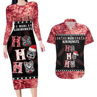 Personalised New Zealand Tiki Christmas Couples Matching Long Sleeve Bodycon Dress and Hawaiian Shirt Ho Ho Ho Paua Shell Glitter Red LT05 Black - Polynesian Pride