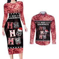 Personalised New Zealand Tiki Christmas Couples Matching Long Sleeve Bodycon Dress and Long Sleeve Button Shirt Ho Ho Ho Paua Shell Glitter Red LT05 Black - Polynesian Pride