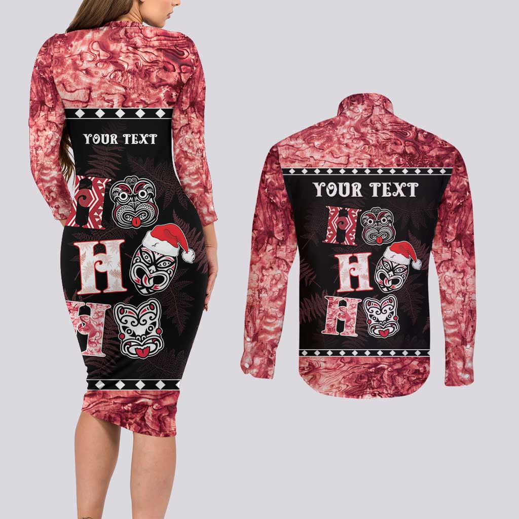Personalised New Zealand Tiki Christmas Couples Matching Long Sleeve Bodycon Dress and Long Sleeve Button Shirt Ho Ho Ho Paua Shell Glitter Red LT05 - Polynesian Pride