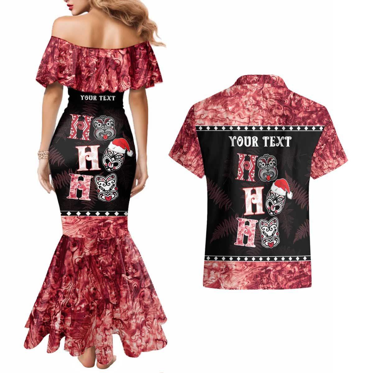 Personalised New Zealand Tiki Christmas Couples Matching Mermaid Dress and Hawaiian Shirt Ho Ho Ho Paua Shell Glitter Red LT05 - Polynesian Pride