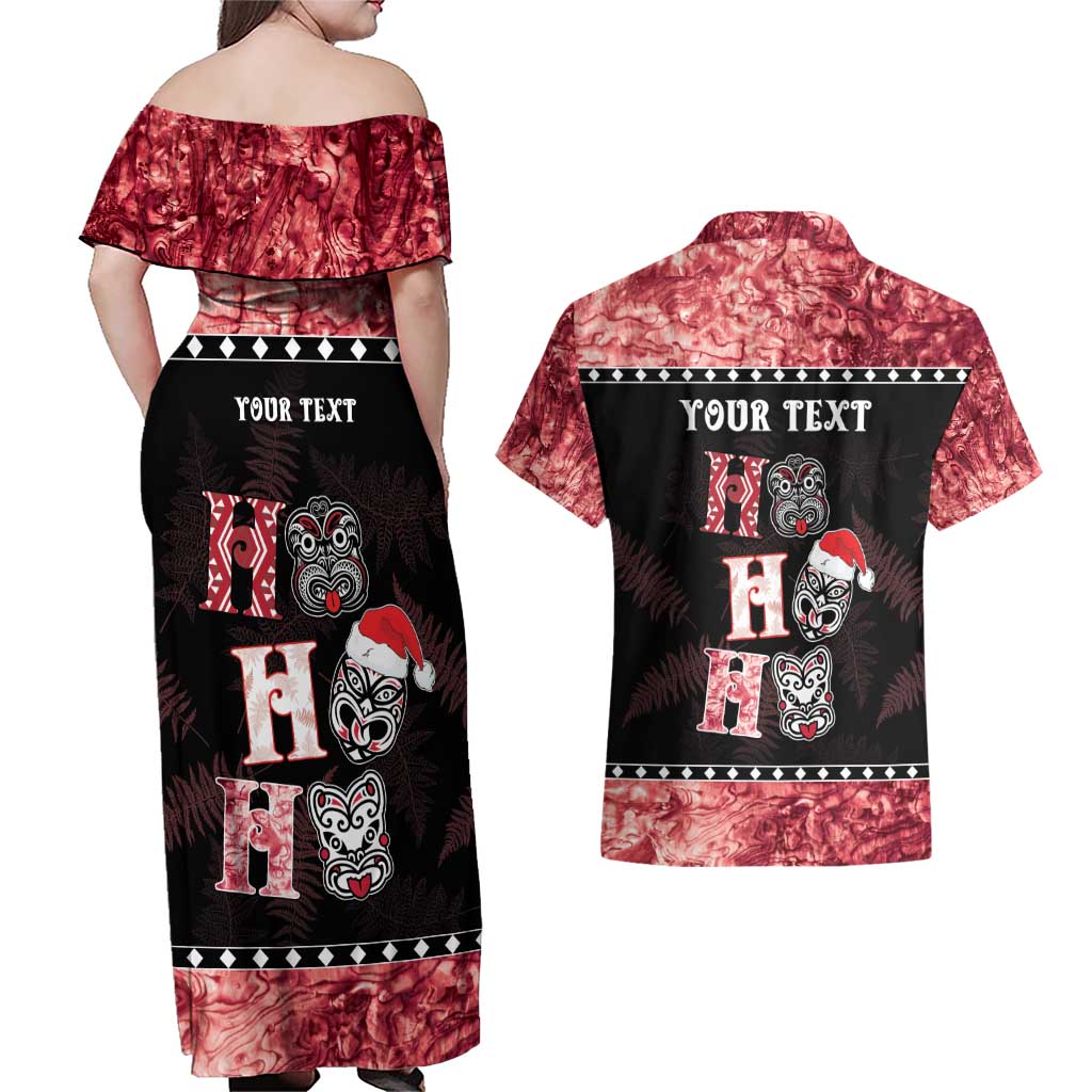 Personalised New Zealand Tiki Christmas Couples Matching Off Shoulder Maxi Dress and Hawaiian Shirt Ho Ho Ho Paua Shell Glitter Red LT05 - Polynesian Pride