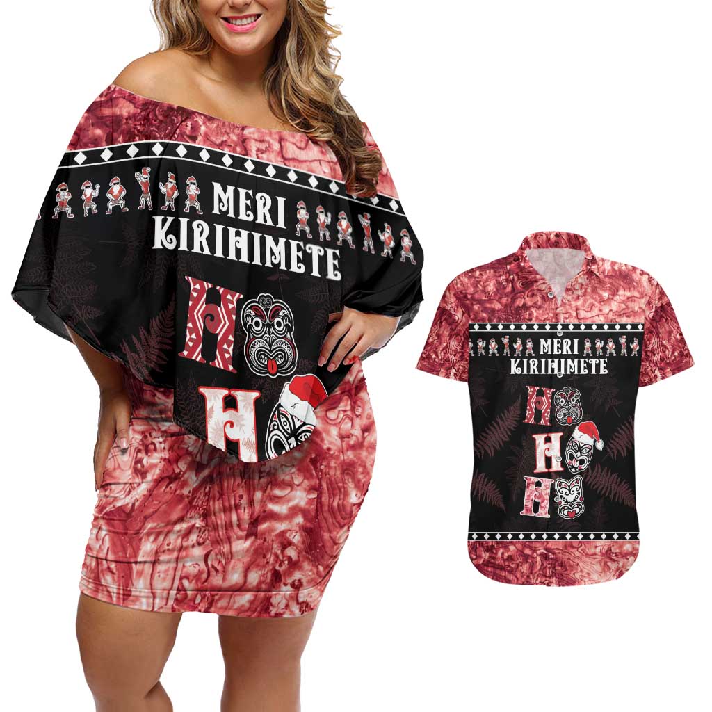 Personalised New Zealand Tiki Christmas Couples Matching Off Shoulder Short Dress and Hawaiian Shirt Ho Ho Ho Paua Shell Glitter Red LT05 Black - Polynesian Pride