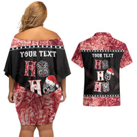 Personalised New Zealand Tiki Christmas Couples Matching Off Shoulder Short Dress and Hawaiian Shirt Ho Ho Ho Paua Shell Glitter Red LT05 - Polynesian Pride