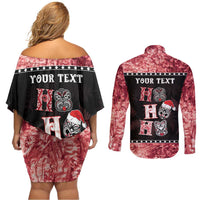 Personalised New Zealand Tiki Christmas Couples Matching Off Shoulder Short Dress and Long Sleeve Button Shirt Ho Ho Ho Paua Shell Glitter Red LT05 - Polynesian Pride