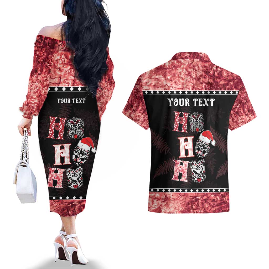 Personalised New Zealand Tiki Christmas Couples Matching Off The Shoulder Long Sleeve Dress and Hawaiian Shirt Ho Ho Ho Paua Shell Glitter Red LT05 - Polynesian Pride