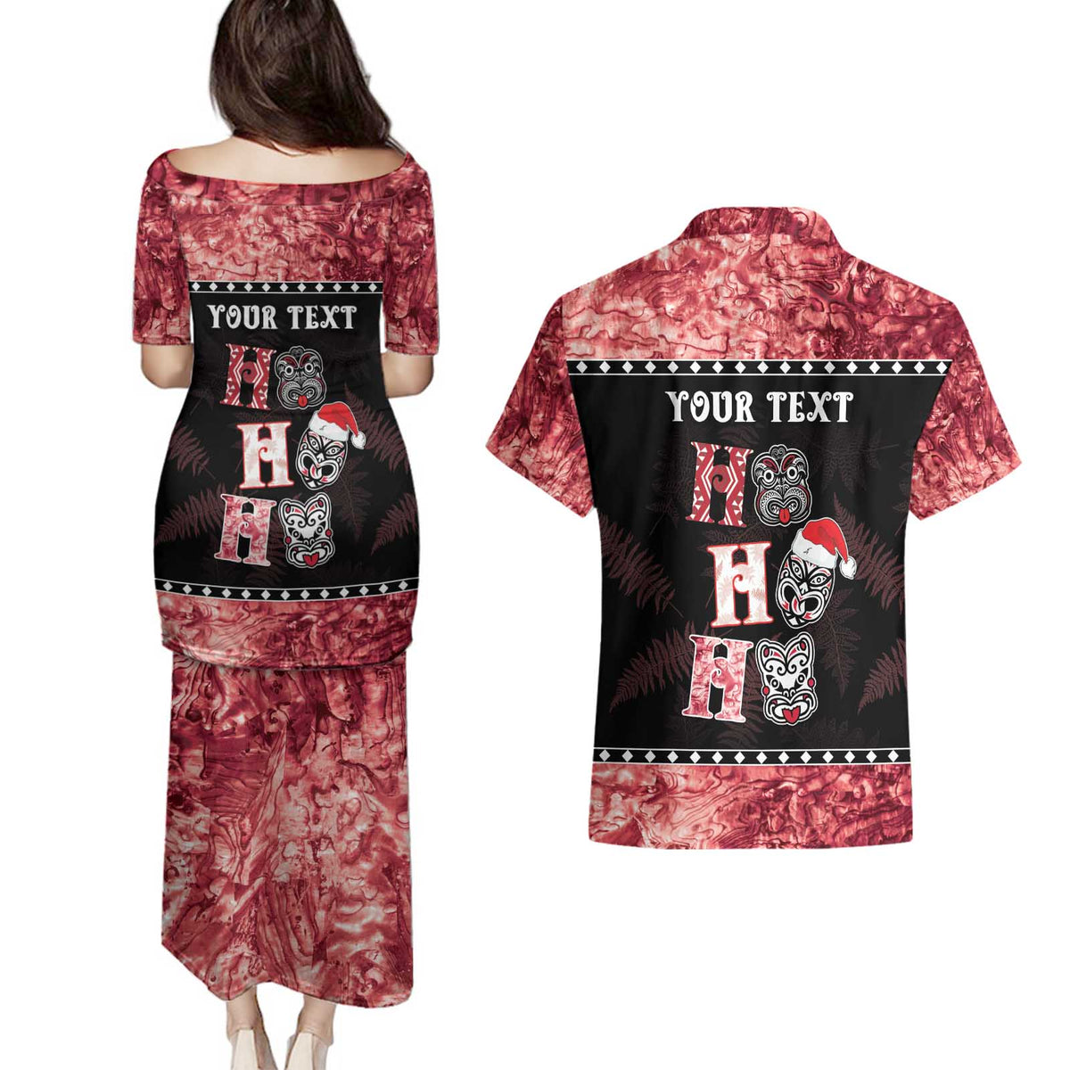 Personalised New Zealand Tiki Christmas Couples Matching Puletasi and Hawaiian Shirt Ho Ho Ho Paua Shell Glitter Red LT05 - Polynesian Pride