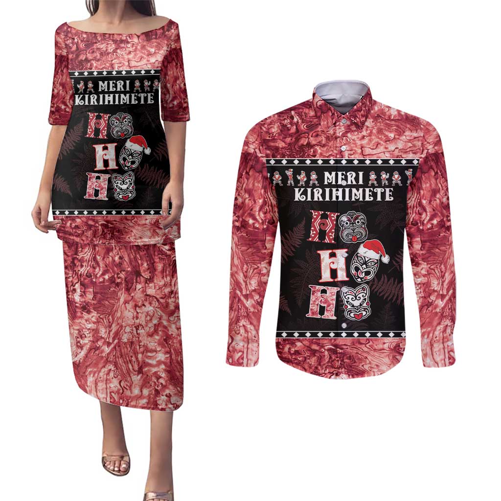 Personalised New Zealand Tiki Christmas Couples Matching Puletasi and Long Sleeve Button Shirt Ho Ho Ho Paua Shell Glitter Red LT05 Black - Polynesian Pride