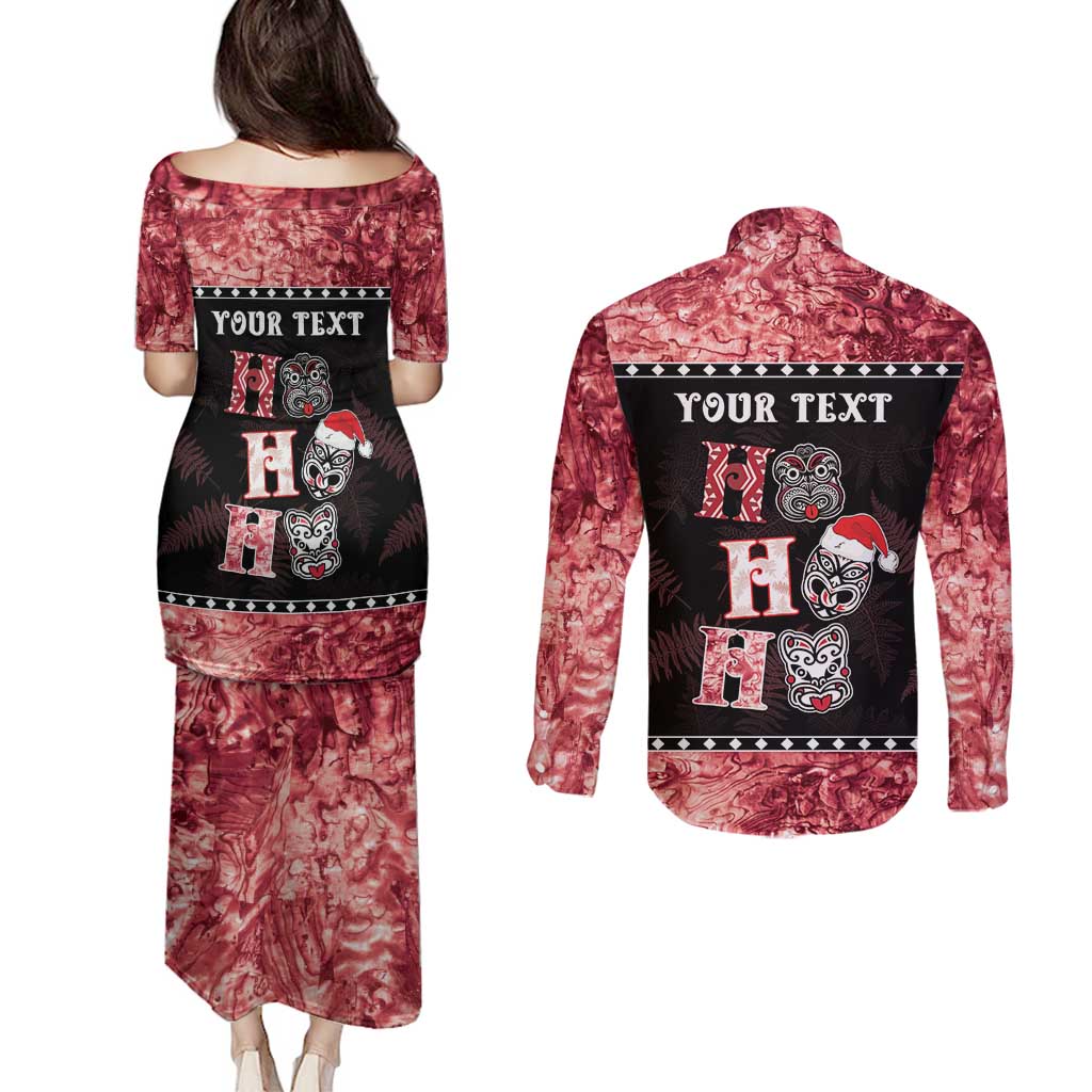 Personalised New Zealand Tiki Christmas Couples Matching Puletasi and Long Sleeve Button Shirt Ho Ho Ho Paua Shell Glitter Red LT05 - Polynesian Pride