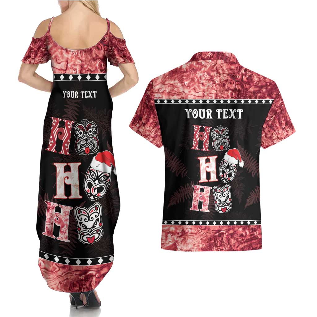 Personalised New Zealand Tiki Christmas Couples Matching Summer Maxi Dress and Hawaiian Shirt Ho Ho Ho Paua Shell Glitter Red LT05 - Polynesian Pride