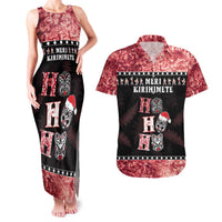 Personalised New Zealand Tiki Christmas Couples Matching Tank Maxi Dress and Hawaiian Shirt Ho Ho Ho Paua Shell Glitter Red LT05 Black - Polynesian Pride