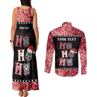 Personalised New Zealand Tiki Christmas Couples Matching Tank Maxi Dress and Long Sleeve Button Shirt Ho Ho Ho Paua Shell Glitter Red LT05 - Polynesian Pride