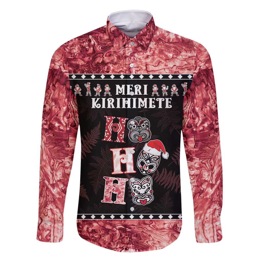Personalised New Zealand Tiki Christmas Family Matching Long Sleeve Bodycon Dress and Hawaiian Shirt Ho Ho Ho Paua Shell Glitter Red LT05 Dad's Shirt - Long Sleeve Black - Polynesian Pride