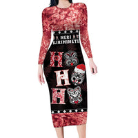 Personalised New Zealand Tiki Christmas Family Matching Long Sleeve Bodycon Dress and Hawaiian Shirt Ho Ho Ho Paua Shell Glitter Red LT05 Mom's Dress Black - Polynesian Pride