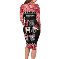 Personalised New Zealand Tiki Christmas Family Matching Long Sleeve Bodycon Dress and Hawaiian Shirt Ho Ho Ho Paua Shell Glitter Red LT05 - Polynesian Pride