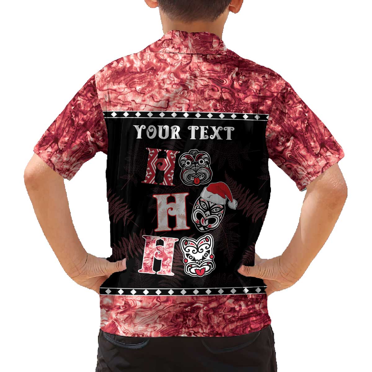 Personalised New Zealand Tiki Christmas Family Matching Off The Shoulder Long Sleeve Dress and Hawaiian Shirt Ho Ho Ho Paua Shell Glitter Red LT05 - Polynesian Pride