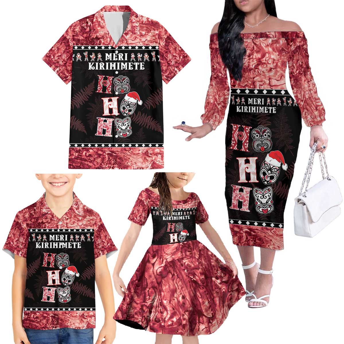 Personalised New Zealand Tiki Christmas Family Matching Off The Shoulder Long Sleeve Dress and Hawaiian Shirt Ho Ho Ho Paua Shell Glitter Red LT05 - Polynesian Pride